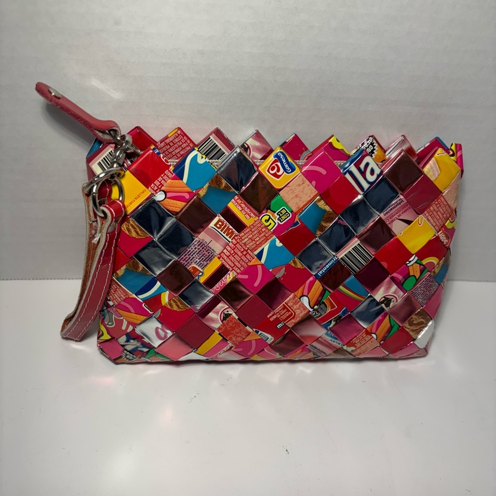 Nahui Ollin Bag Wristlet Recycled Candy Gum Wrapper Woven Multicolored Purse 7”